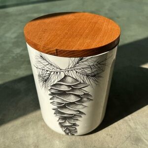 Earthenware Canister with Maple Wood Lid, Pinecone Illustration